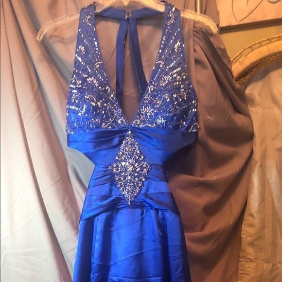 Precious formals blue halter side cut out backless dress w embellished beading. - Picture 12 of 12